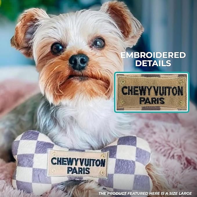 Haute Diggity Dog Checker Chewy Vuiton Bone, Plush Designer Dog Toys with Interactive Squeaker, Stimulating Pet Enrichment, Machine-Washable & Safe Materials for All Breeds, Size Small
