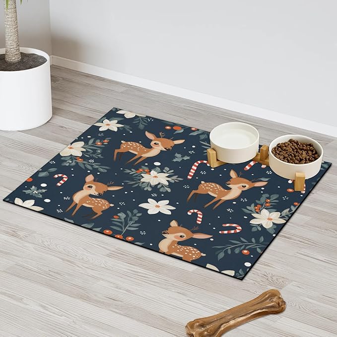 Xmas Elk Dog Food Mat for Floors Absorbent, Quick Dry Water Dispenser Mat for Food, Water, Pet Supplies 12" x 20", Christmas Holly
