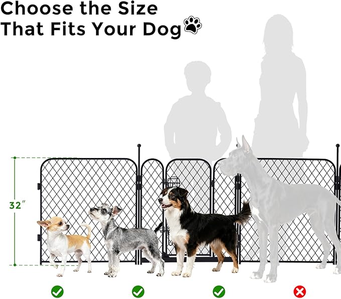 Paw Safe Dog Playpen for Indoor, 32 Inch 8 Panels Anti-pinch Diamond Mesh Dog Fence for Small Medium Dogs, Metal Stable Dog Play Pen with Door, Portable Pet Playpen for Outdoor RV Camping Yard