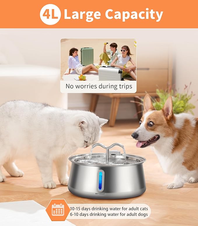 Cat Water Fountain Stainless Steel:135oz/4L Large Capacity Cat Fountain with Water Window, Pet Fountain for Cats Dogs Multiple Pets Drinking Water Bowl Ultra Quite Pump, Attached 2+2 Fliters