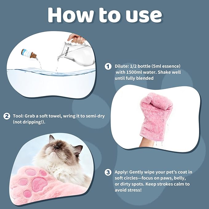 2PCS Concentrated Waterless Shampoo Essence with Pink Grooming Glove, No-Rinse & Lick-Safe Essence for Steam Brushes, Gentle Care for Cats/Kittens/Seniors, Manage Shedding & Freshness,0.34oz*2