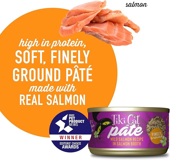 Tiki Cat Luau Pâté, Wild Salmon Recipe in Salmon Broth, Grain-Free Balanced Nutrition Wet Canned Cat Food, for All Life Stages, 2.8 oz. Cans (Pack of 12)