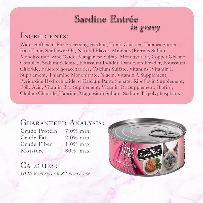 Variety Pack for Fussie-Cat-Fine-Dining Pate Wet Food - 6 Delicious Flavors: Sardine & Chicken, Tuna & Shrimp, Chicken & Lamb, Oceanfish, Sardine, and Mackerel & Beef (2.8 Oz Each, 12 cans Total)