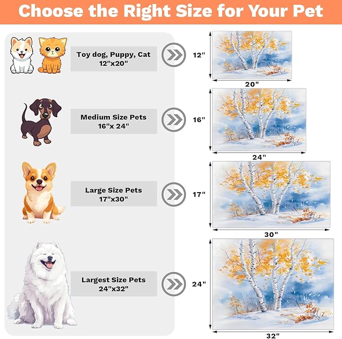 Deciduous Trees Dog Food Mat for Floors Absorbent, Quick Dry Water Dispenser Mat for Food, Water, Pet Supplies 16" x 24", Winter Scenery