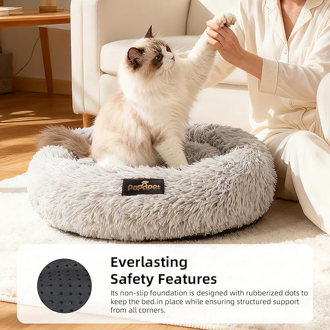PaPaPet Premium Small Donut Cat&Dog Bed, Ultra Soft Washable Dog and Cat Bed, Plush Long Pile Faux Fur Fabric, Portable Grey Pet Bed Furniture for Puppies Adult Canines & Cats (20'', Grey)