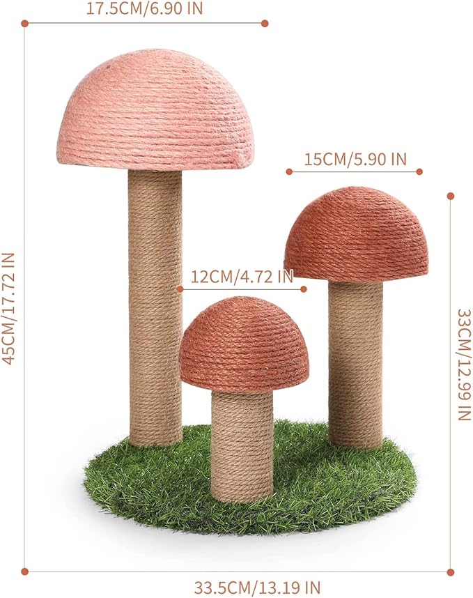 PowerKing Cat Scratching Post, Mushroom Claw Scratching Post for Cat, Natural Sisal Cat Scratchers with 3 Mushroom Pole, Cat Interactive Toys