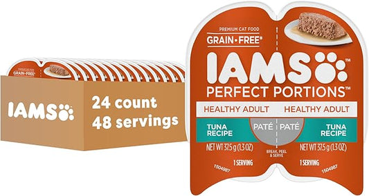 IAMS Perfect Portions Sensitive Digestion & Skin Wet Cat Food Pate, Healthy Adult Grain Free Pate, Tuna Recipe, 2.6 Oz. (24 Twin Packs)