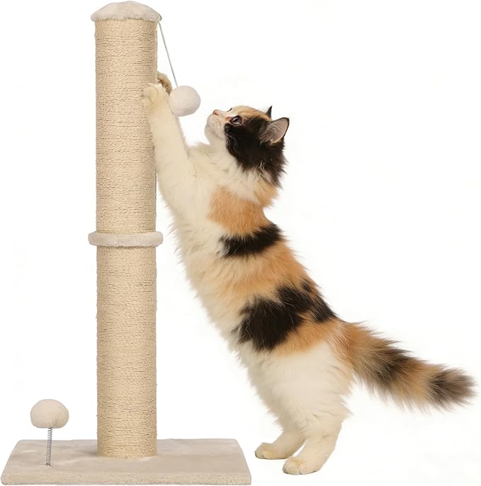 22" Small Cat Scratching Post, 3-in-1 Durable Sisal Vertical Cat Scratcher Post with Hanging Ball, Soft Fabric Stable Base Cat Scratch Pole for Kittens or Smaller Cats, Beige