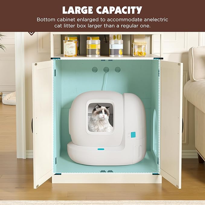 Large Litter Box Furniture with Charging Station and Shelves, Wooden Cat Litter Box Enclosure for Self-Cleaning Litter Boxes, White