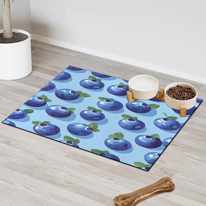 Blueberries Dog Food Mat for Floors Absorbent Dog Bowl Mat for Food and Water Dispenser Quick Dry Cat Food Placemat Pet Supplies 24" x 32", Blue Fruit