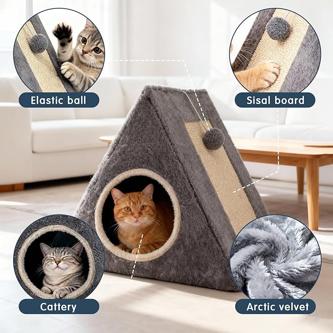 Cat Beds for Indoor - 2 in 1 Cat Cave House Tent for Kittens and Small Pets with Fluffy Ball Hanging and Scratch Pad,Foldable Kitten Hideaway with Non-Slip Bottom, Grey, 17 inches