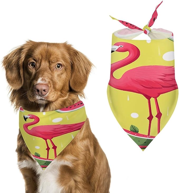 Dog Bandana Spring Pet Scarf Adjustable Triangle Pink Flamingo and Watermelon Printing Dog Bib Washable Polyester Puppy Bandana for Small Medium Large Dogs Cat Birthday Party Supplies