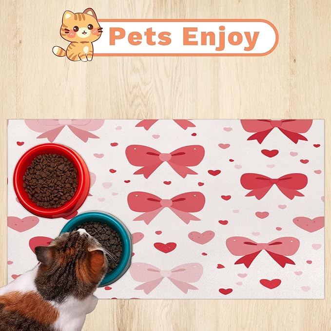 Bow Dog Food Mat for Floors Absorbent, Quick Dry Water Dispenser Mat for Food, Water, Pet Supplies 24" x 32", Love