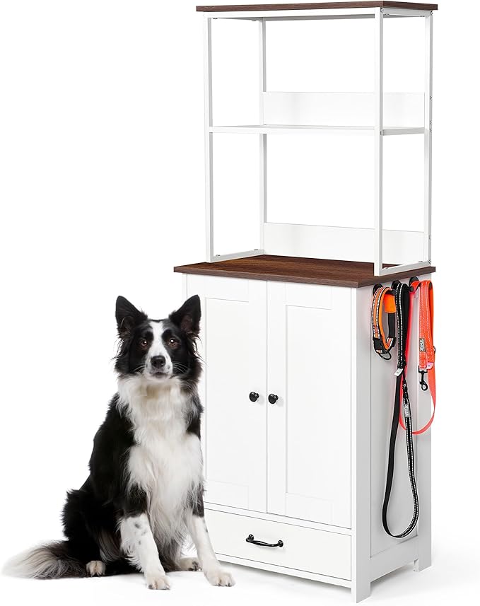 Pet Feeding Station with Bowls, Adjustable Panel, Dog Feeding Station with Storage, Pet Feeder Station for Dogs Cats for Feeding & Watering Supplies,Dog feeding station with 2-level shelving White