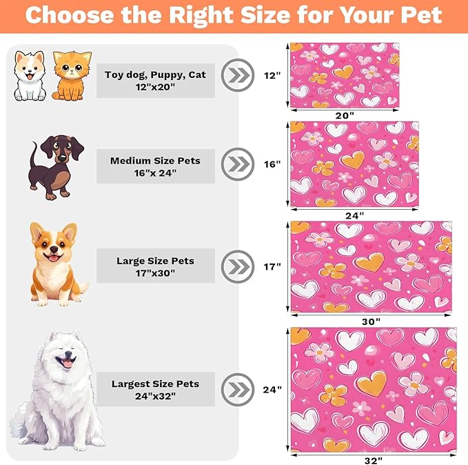 Love Heart Dog Food Mat for Floors Absorbent, Quick Dry Water Dispenser Mat for Food, Water, Pet Supplies 17" x 30", Pink Yellow