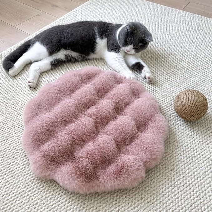 Pet Cushion Pad, Self-Warming Faux Fur Dog and Cat Bed for Indoor Pets, Cozy Plush Round Kennel Pad for Cage with Non-Slip Bottom, Winter Cat Mat Bed for Kneading (Pink,23.6in Round)