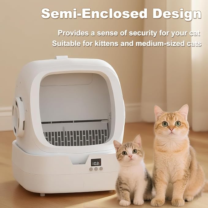 Automatic Cat Litter Box Self Cleaning - APP Control and Weight Monitoring - Ultra-Quiet, Suitable for Medium Cats and Kittens, Safe Anti-Pinch Litter Box (Assembly Required) - White
