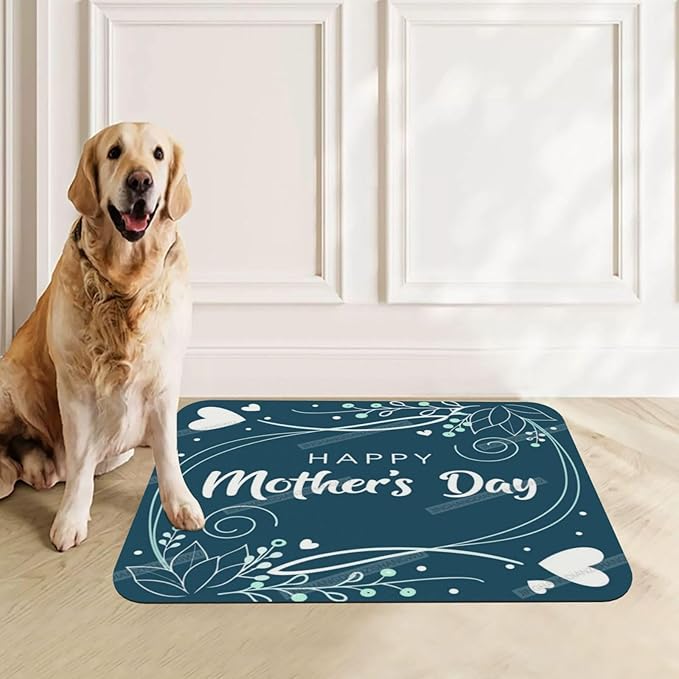 Dog Food Mat Happy Mother's Day Floral Gift for Mom Jo Absorbent Water Bowl Mats Cat Pet Feeding Placemats 24x16In