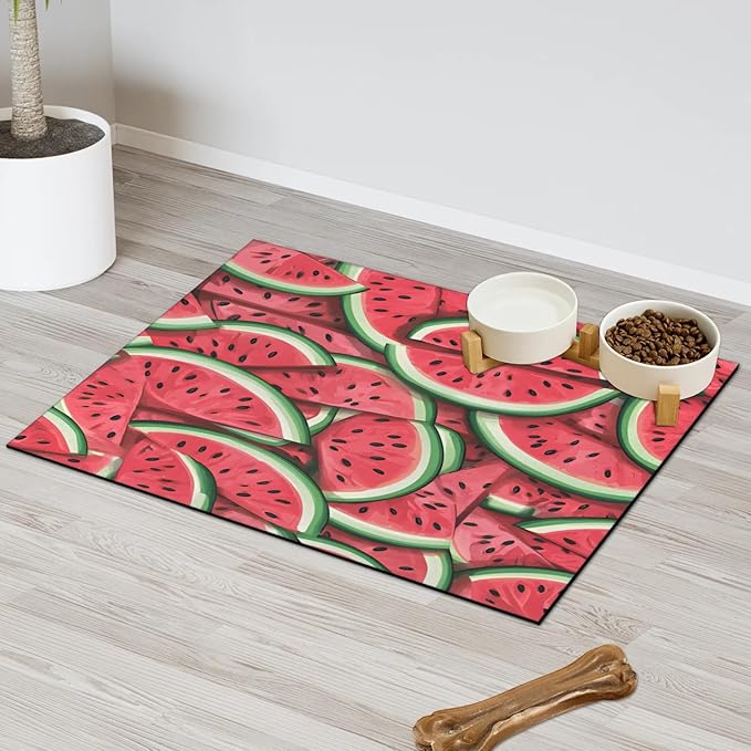 Watermelon Dog Food Mat for Floors Absorbent Dog Bowl Mat for Food and Water Dispenser Quick Dry Cat Food Placemat Pet Supplies 17" x 30", Summer Fruit