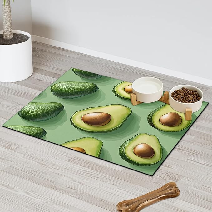 Cute Avocado Dog Food Mat for Floors Absorbent Dog Bowl Mat for Food and Water Dispenser Quick Dry Cat Food Placemat Pet Supplies 17" x 30", Green Fruit