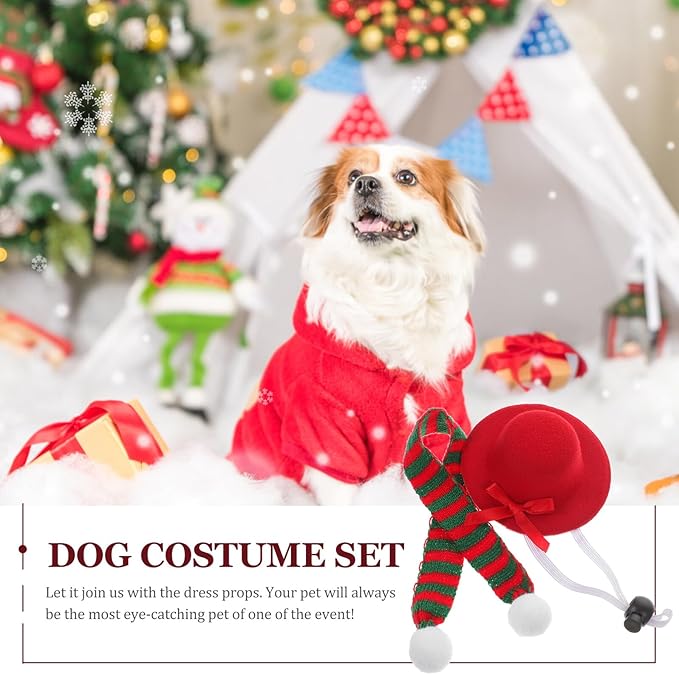 Mikikit Pet Dog Hat and Scarf Set Christmas Red Felt Hat with Red Green Knitted Scarf 2pcs Xmas Pet Costume Accessories for Holiday Party Supplies