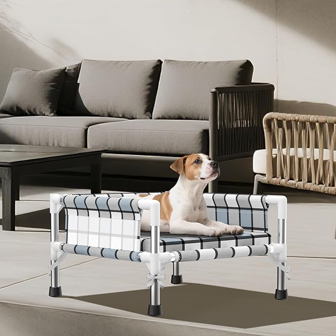 Elevated Raised Outdoor Dog Bed - Cooling Washable Dog Cot with Guardrail, Durable & Breathable Cotton Mesh Pet Hammock Beds with Stainless Steel Pipe Frame for Small Pets (Cushion-S)