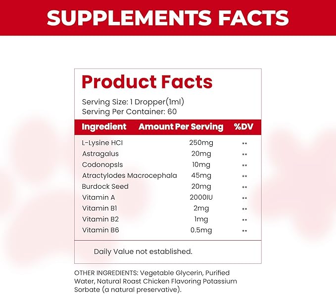 L-Lysine Liquid Supplement for Cats – Immune & Respiratory Support – Supports Eye Health, Sneezing & Runny Nose – 60ml Liquid Drops – Roast Chicken Flavor