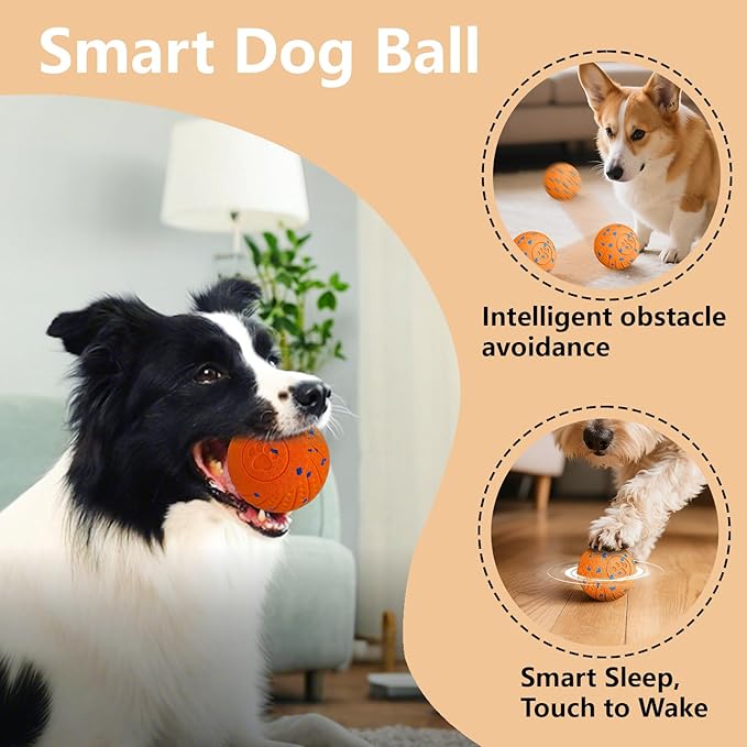 Smart Dog Ball: Automatic Bouncing, Vibration and Jumping Action Interactive Toy, Durable Duraspin for Aggressive Chewers, Rechargeable, for Indoor & Outdoor Use Orange.