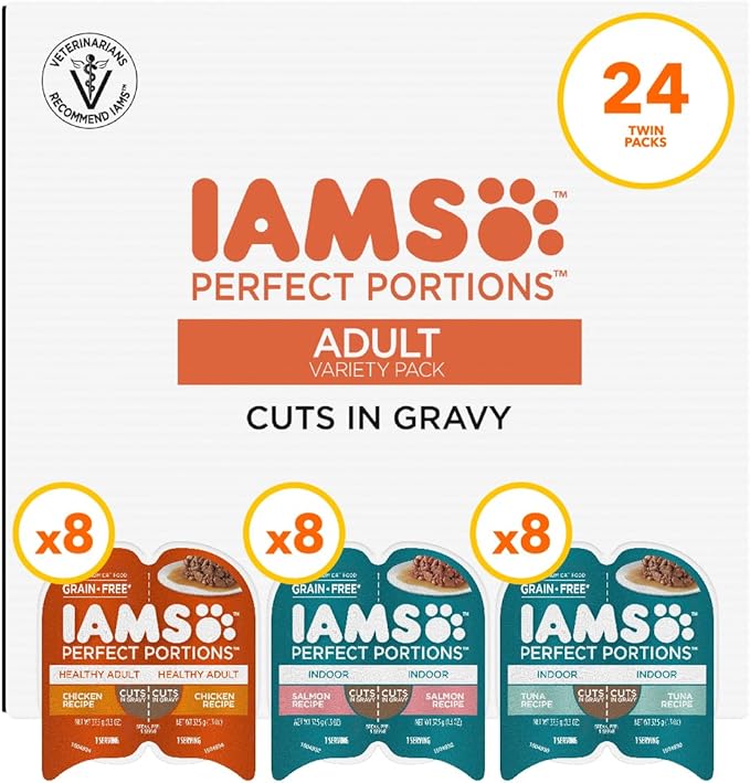 IAMS Perfect Portions Grain Free Wet Cat Food, Healthy Adult Cat Food Pate, Chicken, Tuna, and Salmon Recipes, (24) 2.6 oz. Variety Twin-Pack Trays