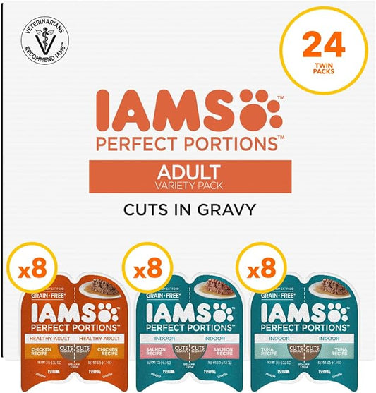 IAMS Perfect Portions Grain Free Wet Cat Food, Healthy Adult Cat Food Pate, Chicken, Tuna, and Salmon Recipes, (24) 2.6 oz. Variety Twin-Pack Trays