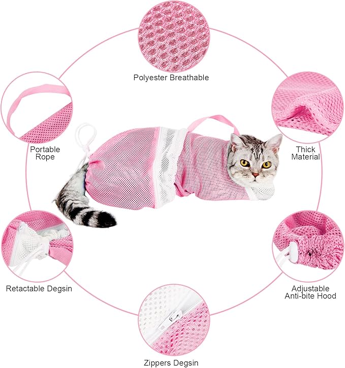 Cat Grooming Washing Bag - Adjustable Pet Shower Brush & Mesh Bag - Anti Scratch, Anti Bite, Soft, Durable for Cats & Dogs - Restraint Grooming, Nail Trimming, Washing