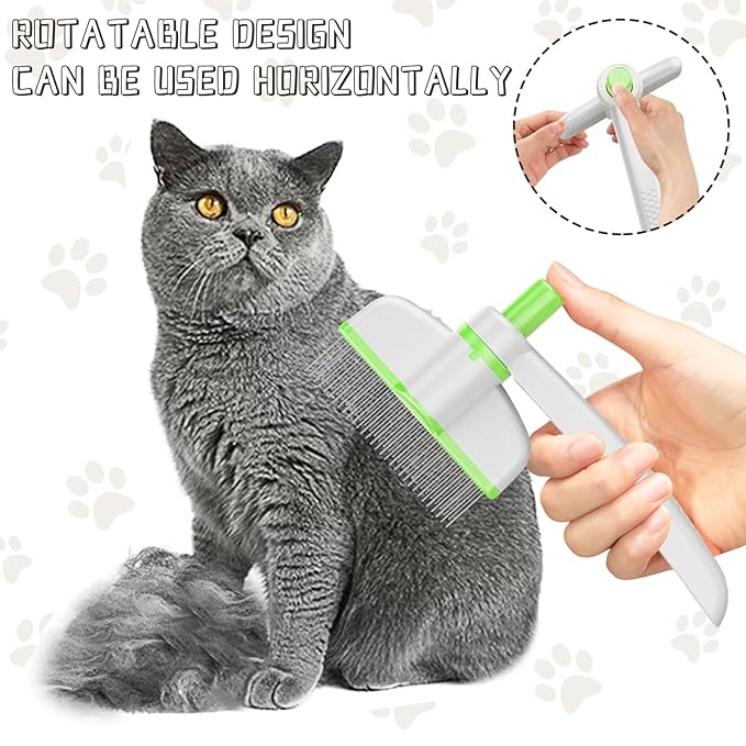 Pet Hair Removal Comb, 2025 Upgraded One Click Self Cleaning Grooming Brush, Cat Brush Comb with Non slip Handle for Short & Long Hair, Pet Grooming Supplies for Cats & Dogs Massaging (green)