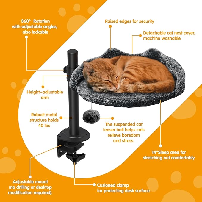 Cat Desk Bed with Adjustable Steel Frame - Faux Fur Fabric Elevated Bed for Indoor - Multi-Functional Pet Cats Mount,Furniture,Perch,Shelf,Raised,Stand-Supports up to 40lbs