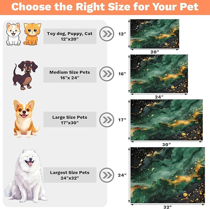 Green Marble Dog Food Mat for Floors Absorbent, Quick Dry Water Dispenser Mat for Food, Water, Pet Supplies 24" x 32", Modern Abstract