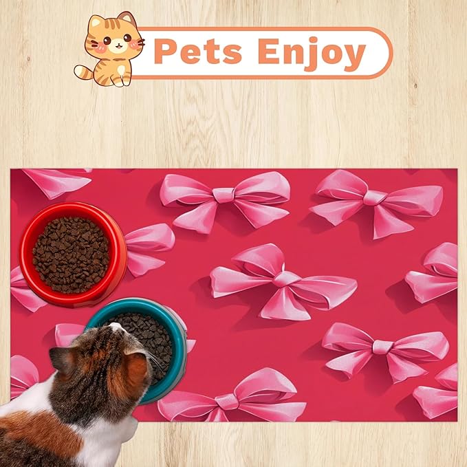 Pink Christmas Bow Dog Food Mat for Floors Absorbent, Quick Dry Water Dispenser Mat for Food, Water, Pet Supplies 24" x 32",