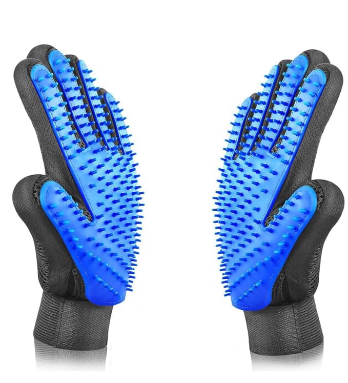 Pet Grooming Glove with 255 Tips, Hair Removal Brush for Dogs and Cats, Blue and Black, Catches 50% More Hair