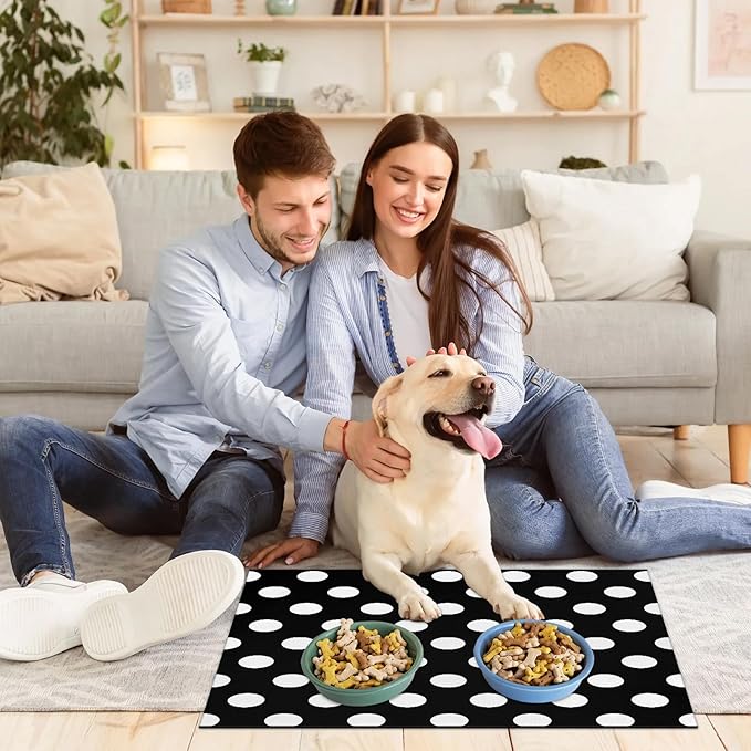 Polka Dot Dog Food Mat for Floors Absorbent Dog Bowl Mat for Food and Water Dispenser Quick Dry Cat Food Placemat Pet Supplies 24" x 32", Vintage Black White