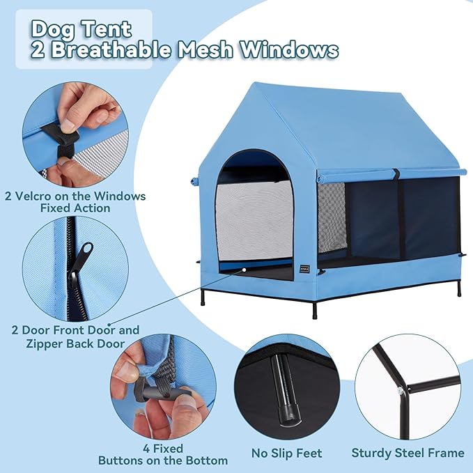PETSFIT Dog House Outdoor, Upgraded Dog Shelter with Weatherproof PVC Canopy, Breathable Mesh Windows and Sunshades, Elevated Dog Bed with Protable Carring Case (Blue)