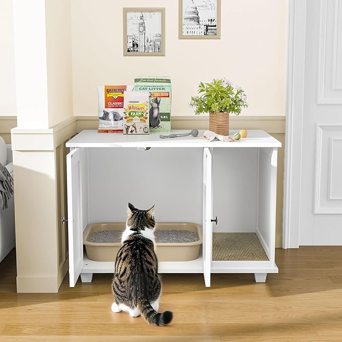 Giluta Cat Litter Box Enclosure,Hidden Litter Box Furniture Cabinet with Scratching Pad,Wooden Pet House Side End Table for Living Room Washroom,31.5 x 20.5 x 21.6 Inches (White)