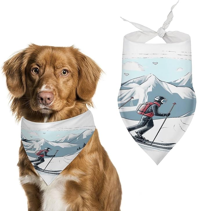 Dog Bandana Spring Pet Scarf Adjustable Triangle Skiing Theme Printing Dog Bib Washable Polyester Puppy Bandana for Small Medium Large Dogs Cat Birthday Party Supplies