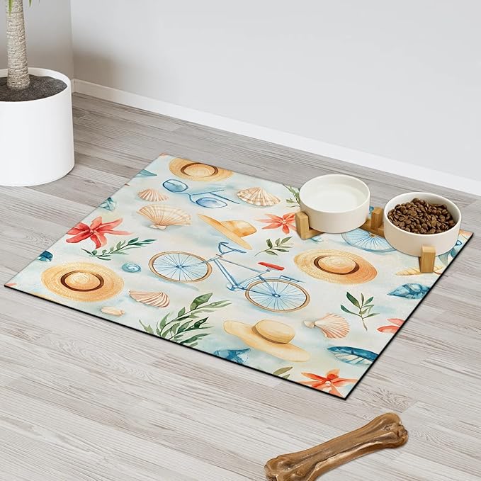 Beach Bicycle Dog Food Mat for Floors Absorbent Dog Bowl Mat for Food and Water Dispenser Quick Dry Cat Food Placemat Pet Supplies 24" x 32", Summer Theme