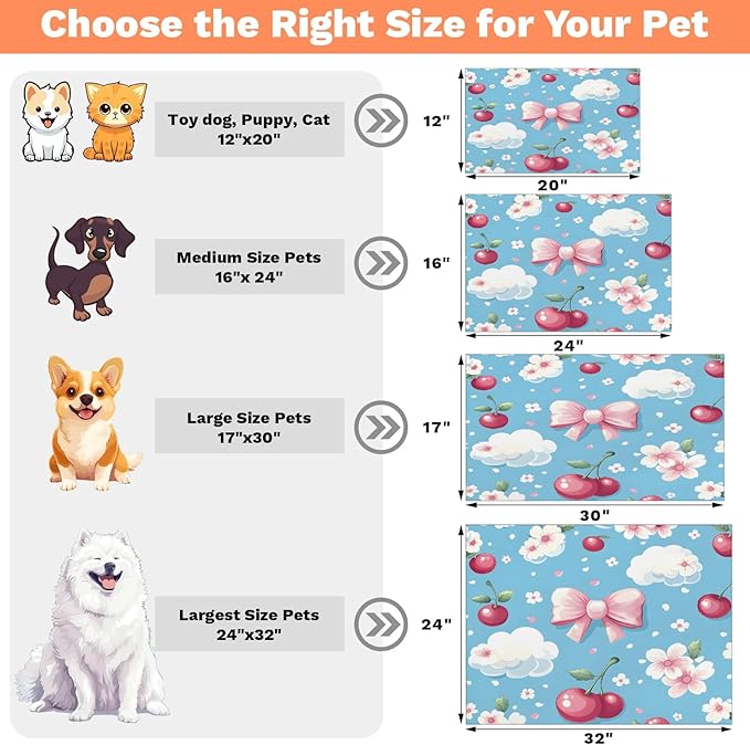Pink Cherry Dog Food Mat for Floors Absorbent Dog Bowl Mat for Food and Water Dispenser Quick Dry Cat Food Placemat Pet Supplies 17" x 30", Bowknot Cloud