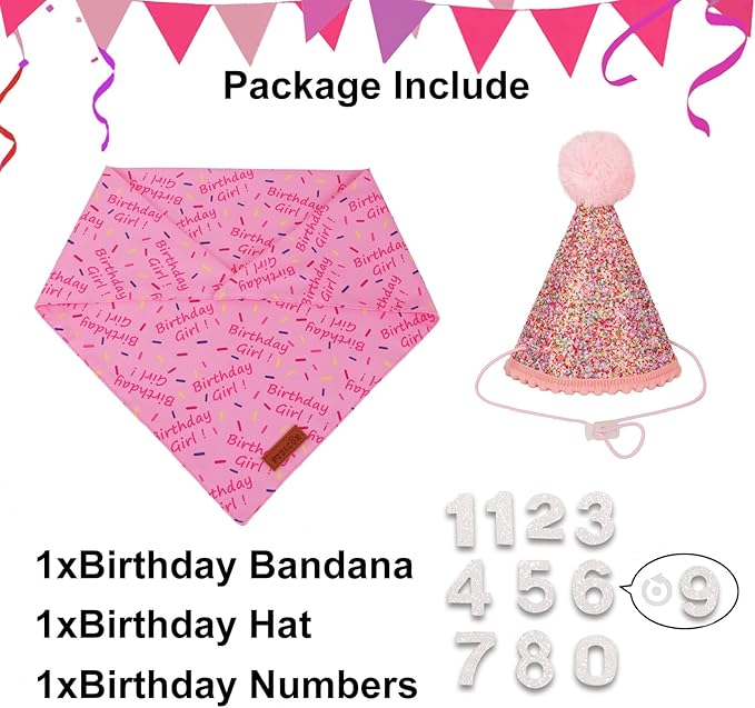 PTDECOR Dog Birthday Party Supplies, Pink Birthday Girl Bandana, Glitter Dog Birthday Hat with Numbers for Large X-Large Dogs Pets (X-Large)