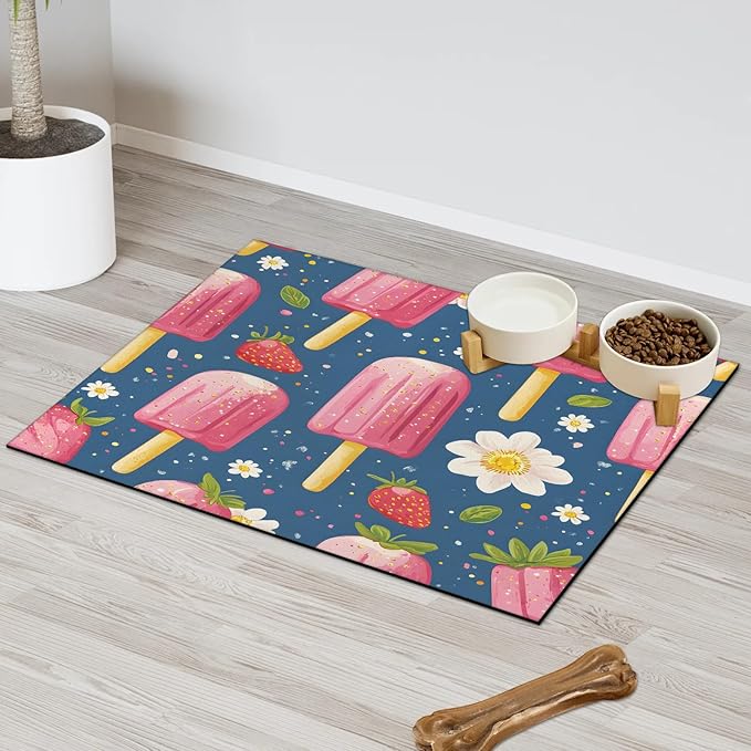 Pink Popsicle Dog Food Mat for Floors Absorbent Dog Bowl Mat for Food and Water Dispenser Quick Dry Cat Food Placemat Pet Supplies 24" x 32", Strawberry Flower