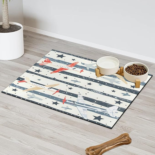 Cute Airplane Dog Food Mat for Floors Absorbent, Quick Dry Water Dispenser Mat for Food, Water, Pet Supplies 24" x 32", Cartoon Plane