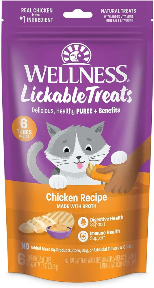Wellness Lickable Treats Soft Puree Natural Grain Free Adult Cat Treats, Chicken Recipe, Contains 6-0.4 Ounce Squeezable Tubes