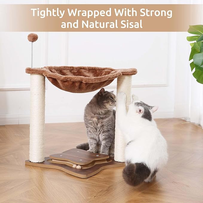 FluffyDream Cat Scratching Post for Indoor Cats, Small Cat Tree Tower with Hammock,Wooden Interactive Ball Track for Kitten and Adult Cats,18inches (Brown)