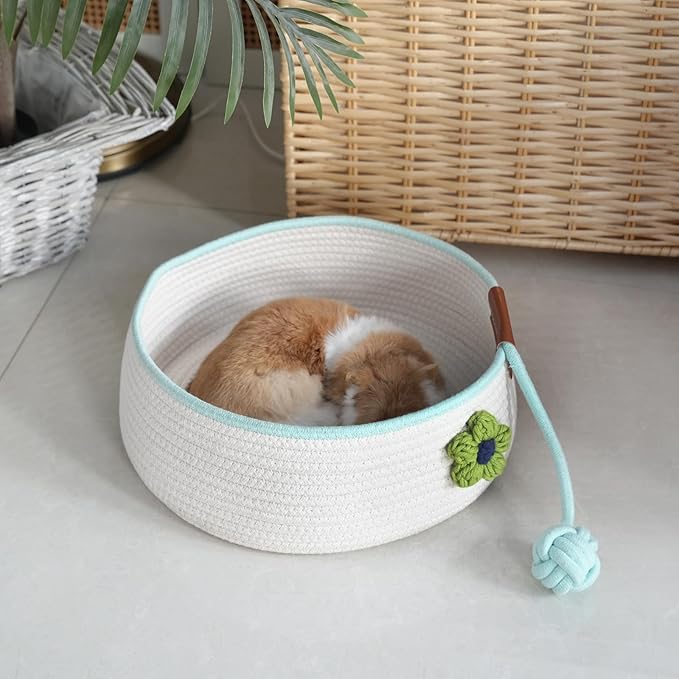 Natural Cat Bed Cotton Rope Woven for All Seasons Cat Nest Basket Washable,Cute Green Flower Decor,Cozy Kitten Mat Scratcher Round Shape for Indoor(White)