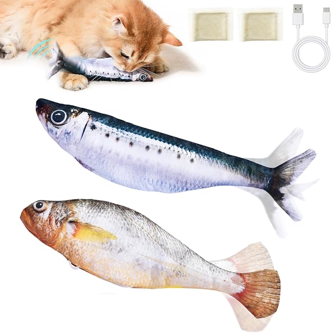 2 Packs Cat Toys Floppy Fish with Catnip, Cat Toys for Indoor Cats Flopping Fish, Realistic Moving Cat Fish Toy, Rechargeable Plush Interactive Cat Toys for Cats, Kitten Toys for Exercise