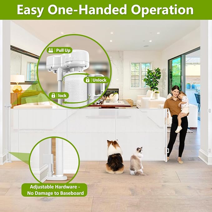 Reinforced 42" Tall x 195" Extra Wide Retractable Baby Gate with Support Rods - Prevent Crawling Under, Extra Large Baby Gate Retractable Dog Gate Indoor Tall Dog Gate Outdoor Gates for Decks, White